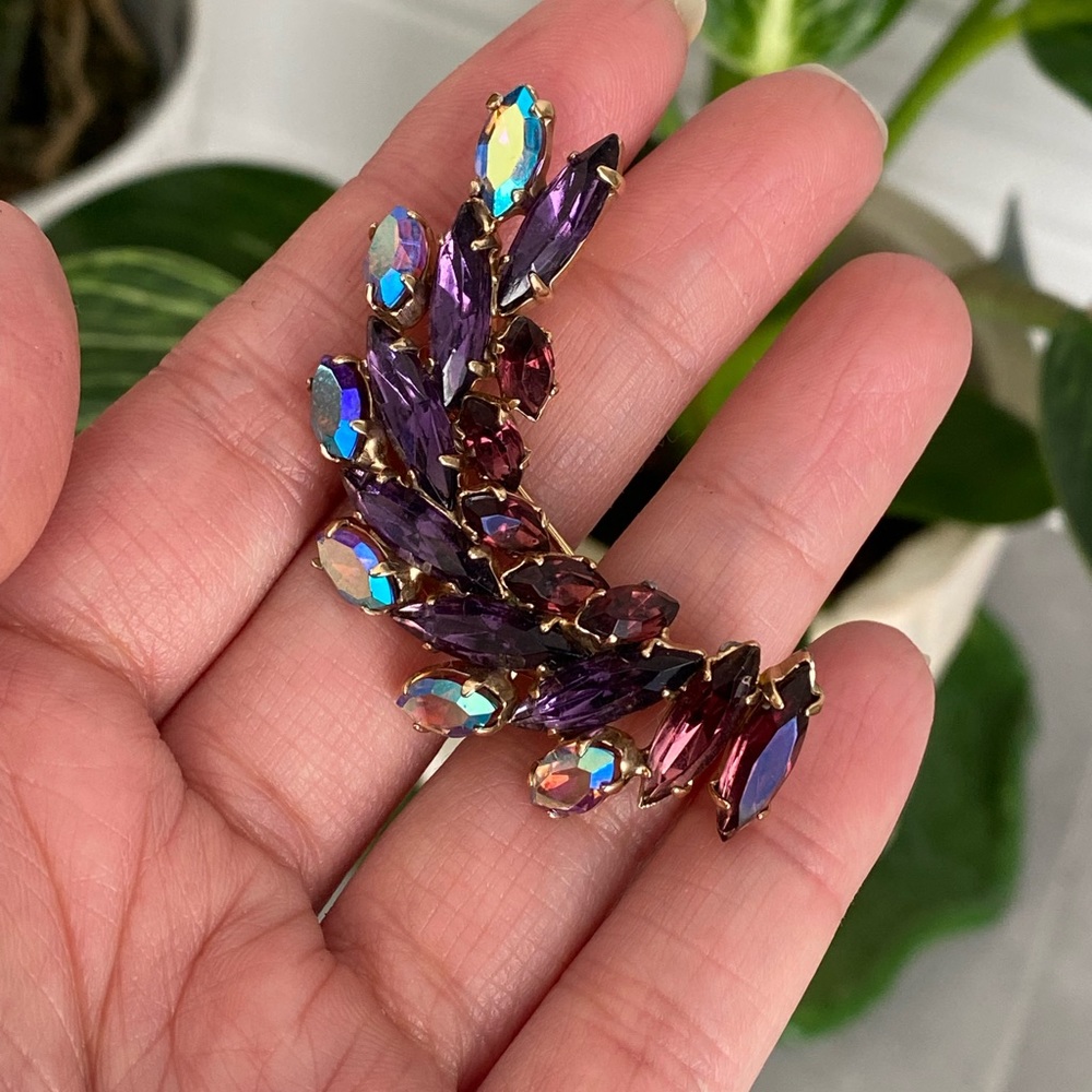 Vintage Crystal Brooch- purple stones, spring Easter fashion